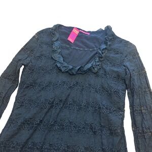 Y2K Sunny Scarlet Black Lace Ruffle V-Neck Long Sleeve Blouse Top Goth Alt S